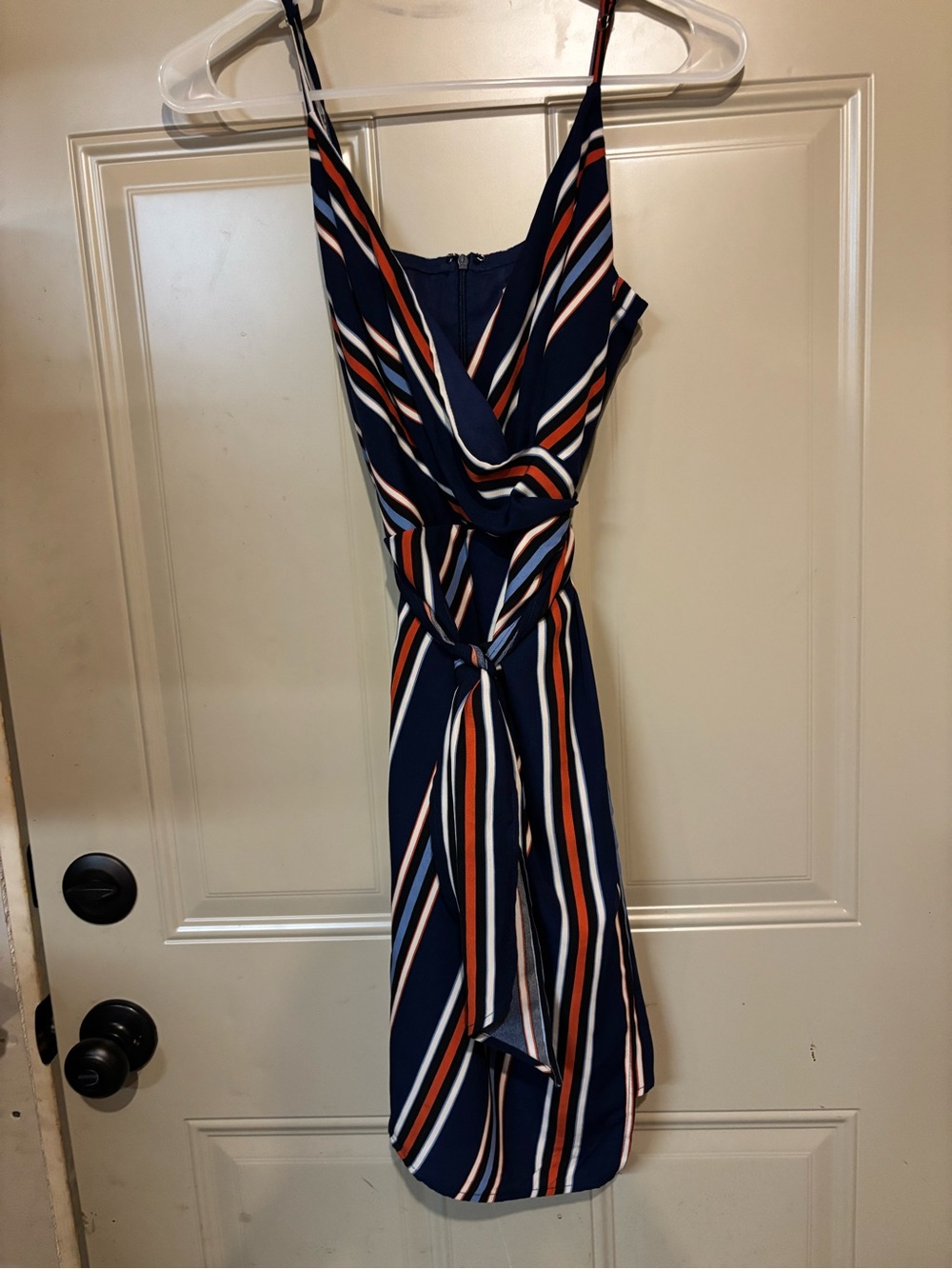 essue Navy Striped Wrap Midi Dress with white & Rust Stripes b209